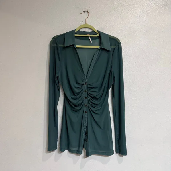 Free People Teal Sheer Mesh Ruched Button Front Long Sleeve Top Sz M - Image 2