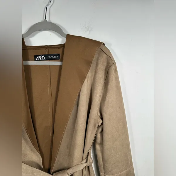 Zara Faux Suede Belted Jacket Tan Brown Size Small Open Front‎ Coat Duster - Image 4