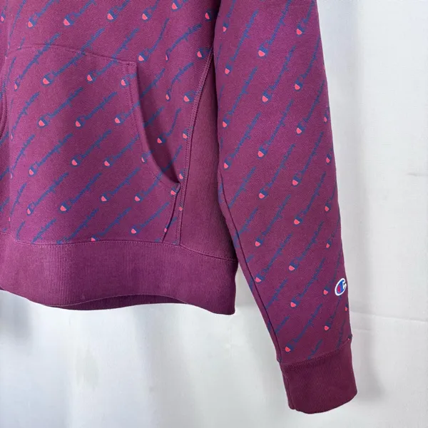 Champion Reverse Weave Hoodie Small Women's All Over Logo Print Burgundy Maroon - Image 12