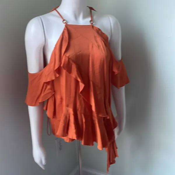 NEW Zara Orange Satin Ruffle Draped Off Shoulder Tank Top Blouse Small - Image 9