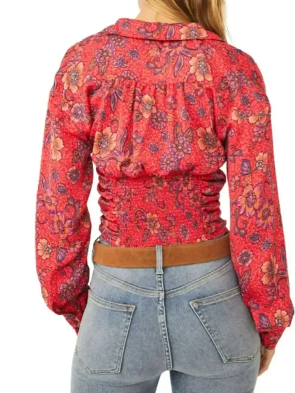 Free People Pink Red Floral "IGot You" Smocked Ruched Long Sleeve Crop Top - Rub - Image 4