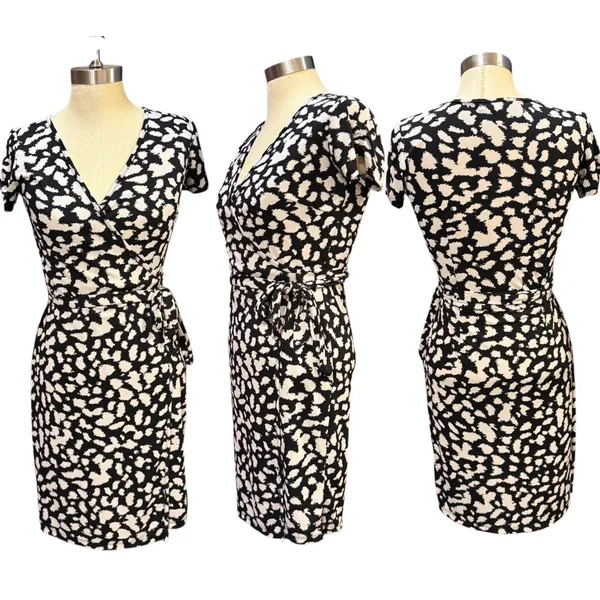 LOFT XS Animal Print Faux Wrap Dress Black White Short Sleeve Stretch Career - Image 2