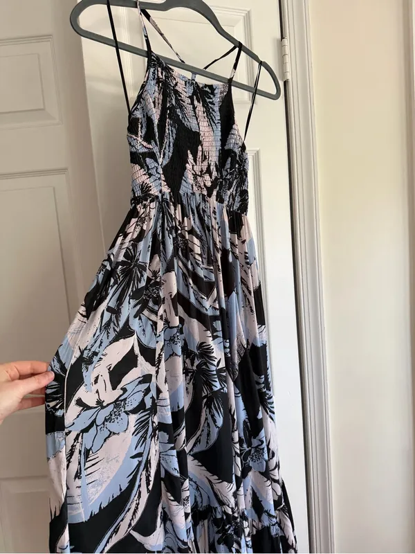 Free People Intimately Tropical Floral Smocked Halter Maxi Dress Black Blue S - Image 7