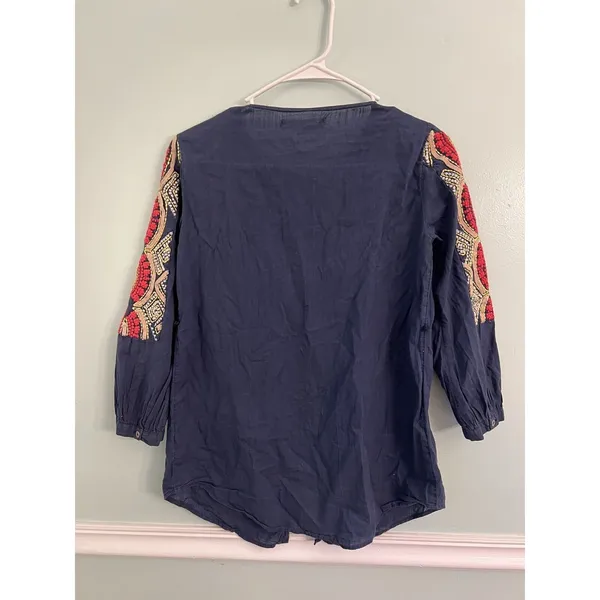 Anthropologie Hei Hei‎ Embroidered Button Down Blouse 0 Tunic Blue Red - Image 3