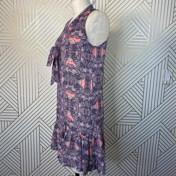 Amanda Uprichard Mini Dress Drop Hem Tie Neck Geometric Print Pink Purple Small‎ - Image 5