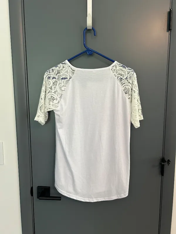 142 White V-Neck T-Shirt with Lace Sleeves - Image 2