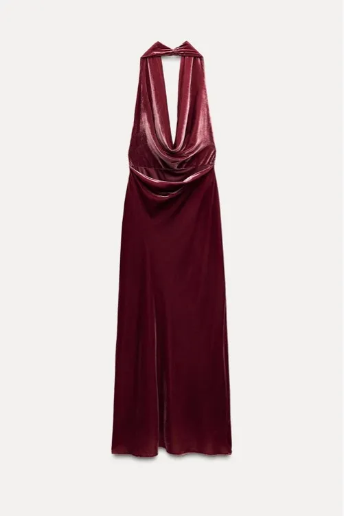 Zara maxi holiday dress velour Velvet Halter in Burgundy wedding party evening - Image 14