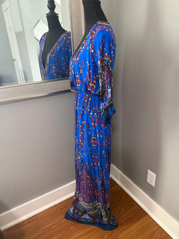 Flying Tomato V Neck Boho Aztec Festival Bold Whimsical Maxi Dress Size Medium. - Image 4