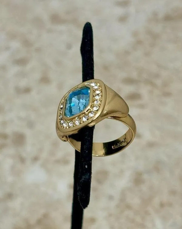 Vintage Signed Aquamarine Gold Tone Adjustable Ring - Image 3