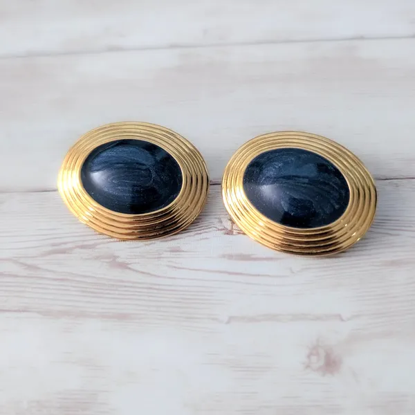 Vintage Clip On Earrings Very Large Dark Blue & Gold Tone Statement Oval 1.5" - Image 3