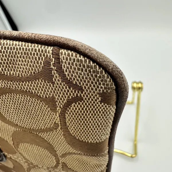Coach Signature Jacquard Wristlet Khaki Brown Canvas Leather Trim Logo Plaque - Image 9