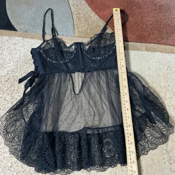 Victoria Secret Sheer Lace Babydoll Lingerie Women 34C Black Corset Rhinestone - Image 2