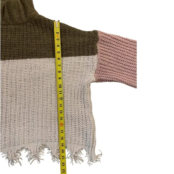 POL Sweater Womens Small Brown Pink Colorblock Fringe Mock Neck‎ MST127 Boho - Image 5