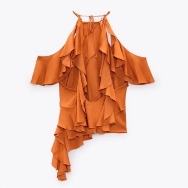 NEW Zara Orange Satin Ruffle Draped Off Shoulder Tank Top Blouse Small - Image 8