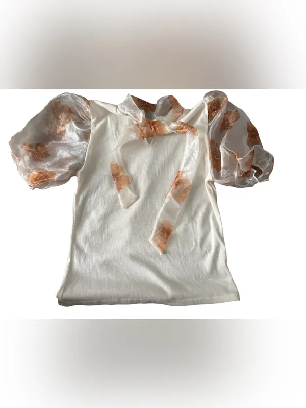 Willow Cream Knit Top with Sheer Copper-Orange Floral Puff Sleeves - Image 3