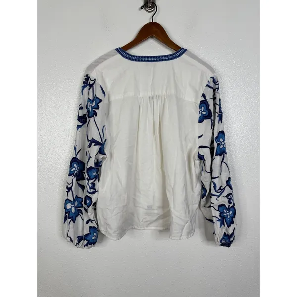 Calypso St Barth Blue Floral Embroidered Linen Blend V-Neck Blouse XL White - Image 3