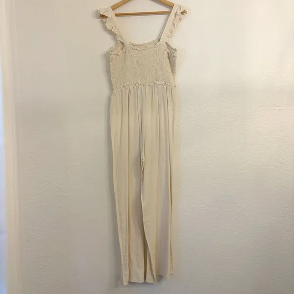 H&M Linen Blend Smocked Jumpsuit Small Wide Leg Beachy Coastal Minimalist‎ Beige - Image 5