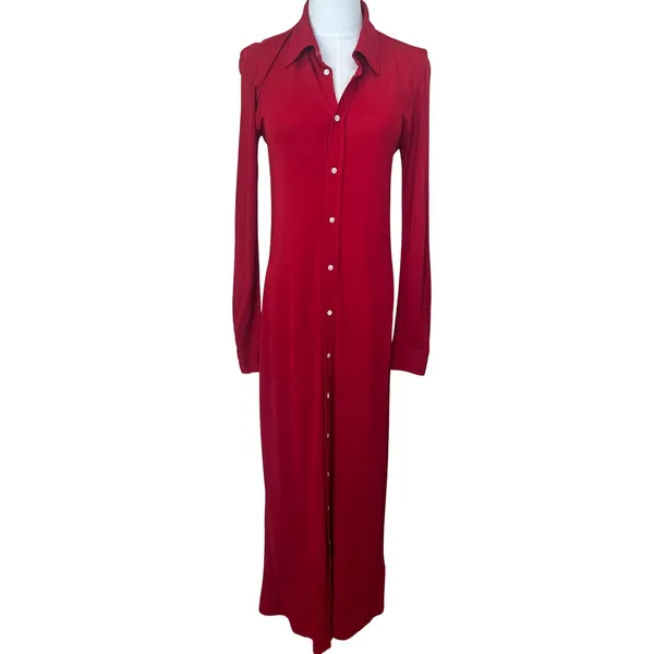 Polo Ralph Lauren Red Midi Shirt Dress MEDIUM Duster Preppy Jersey Designer $300 - Image 10