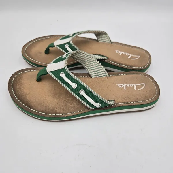 Clarks Sandals Womens 5 M Flo Cherrymore Slip On Thong Flip Flops Green White - Image 3