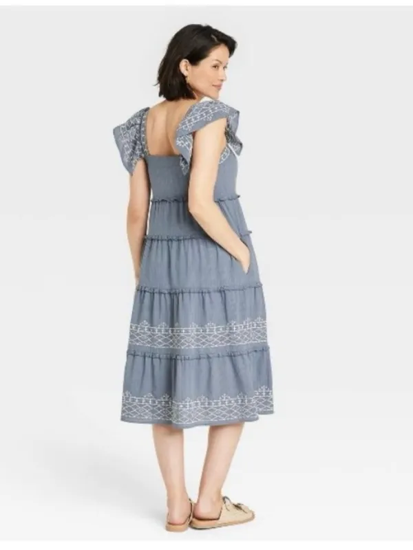 Knox Rose Blue Tiered Midi Dress with White Embroidery - Image 2