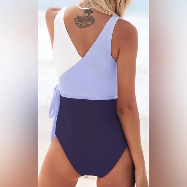 NWT CUPSHE One Piece Swimsuit Wrap Color Block Tie Side Purple White Size M - Image 2