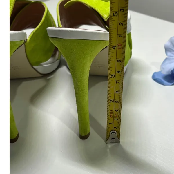 Tara Grinna Lime Green Suede Bow Mule Heels Handmade‎ in Italy Size 38 - Image 5