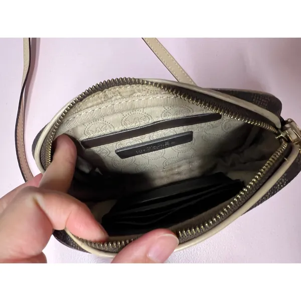 Michael Kors Monogram Small Crossbody Brown Beige Zip Chain Strap Gold Hardware - Image 5