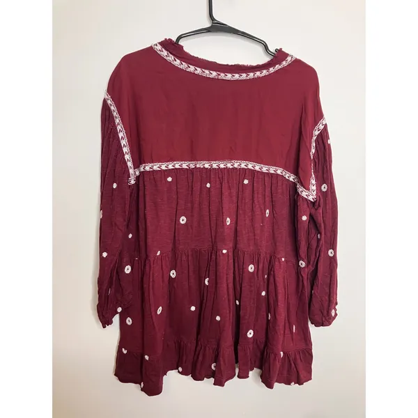 Cato Peasant Top Women L Burgundy Good Embroidered Tiered Babydoll Boho - Image 6