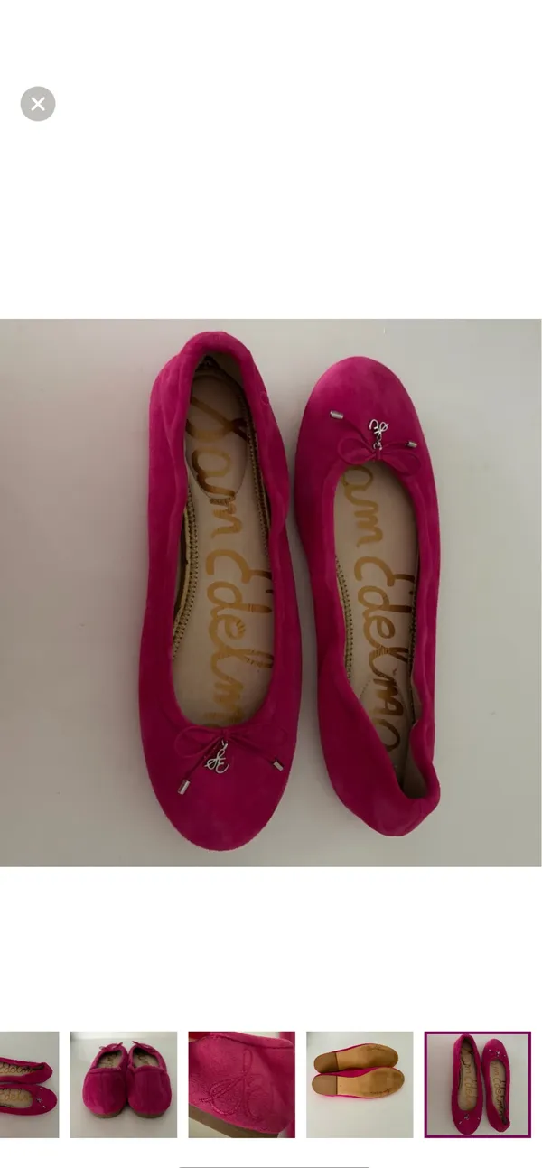Vibrant pink suede, leather ballet flats by Sam Edelman. Featuring a rounded toe with silver logo charm detail. Perfect for adding flair to any outfit. - Image 8