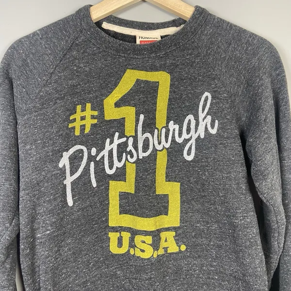 Homage Pittsburg #1 Super Soft Gray Gold Crewneck‎ Sweatshirt Size Small Heather - Image 2