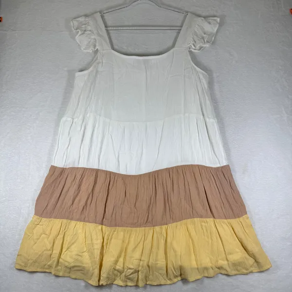 Margaux Riviera Colorblock Tiered Ruffle Mini Dress White Tan Yellow Large - Image 8