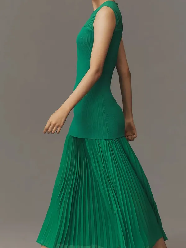 Mare Mare x Anthropologie Sleeveless Twofer Maxi Dress size M green knit pleat - Image 3