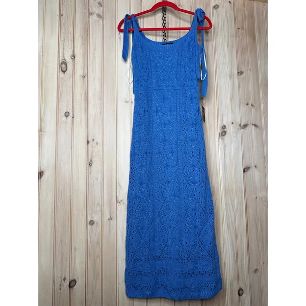 NWT Lulus Adorable Darling Blue Crochet Tie-Strap Midi Dress Holiday Gala Sz M - Image 2