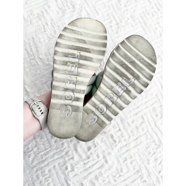 Sorel Ella II Puff Slide Sandals Sage Green Chalk Leather Comfort Coastal Chic - Image 9