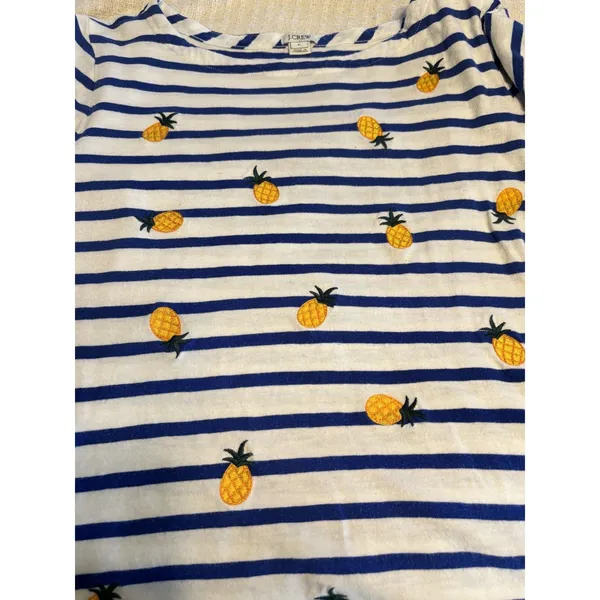 J.Crew Pineapple Stripe Top L Blue White Nautical Embroidered Cotton Shirt - Image 7