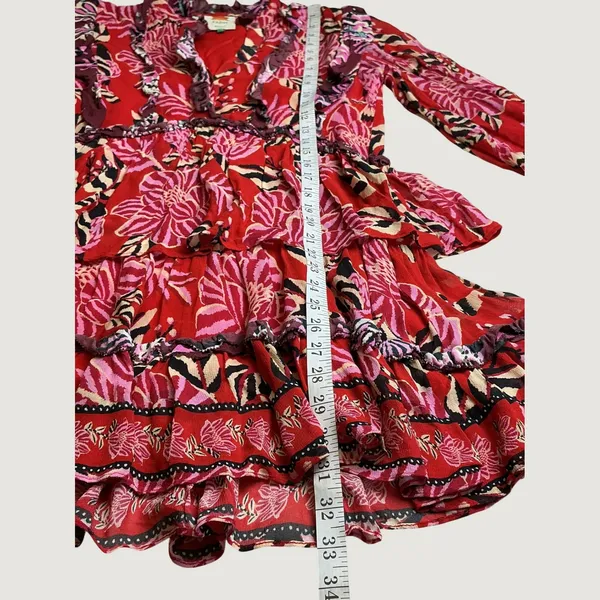 Farm Rio Red Tropical Tapestry Ruffle Tiered Mini Dress XS Floral Long Sleeve - Image 11