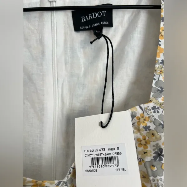Bardot Dress Cindy Sweetheart Neck Yellow Floral XS 4 - Image 6