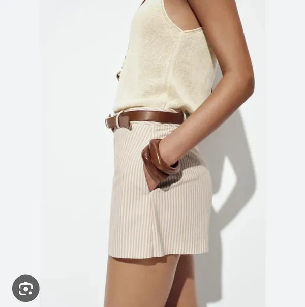 Zara beige stripe mini skirt brown belt - Image 3
