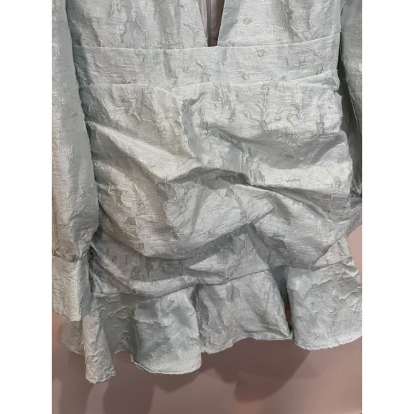 Showpo NWT Baxia Textured Balloon Sleeve Mini Dress sz 8 Silver Blue - Image 5