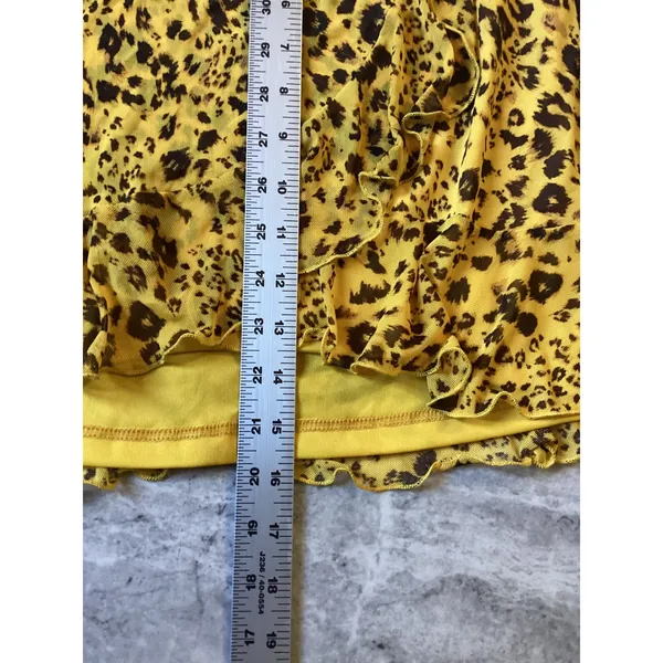Lulus Yellow Leopard Print Mesh Ruffle Mini Skirt Small Animal Print Faux Wrap - Image 3