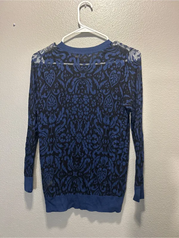 Hinge Nordstrom Womens Small S Blue Black Damask Intarsia Knit Sweater Top - Image 2