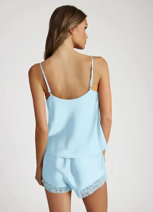 Azazie Light Blue Satin Lace Trim Pajama 3 piece set - Image 5