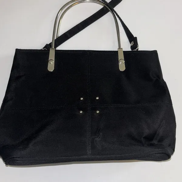 BLACK HANDBAG WITH SILVER METAL HANDLES NYLON MATERIAL 4 SILVER STUD DESIGN - Image 2