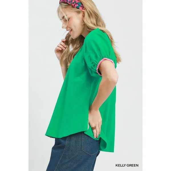 Umgee Contrast Trim Button Front Puff Sleeve Blouse - Kelly Green - Large - Image 2