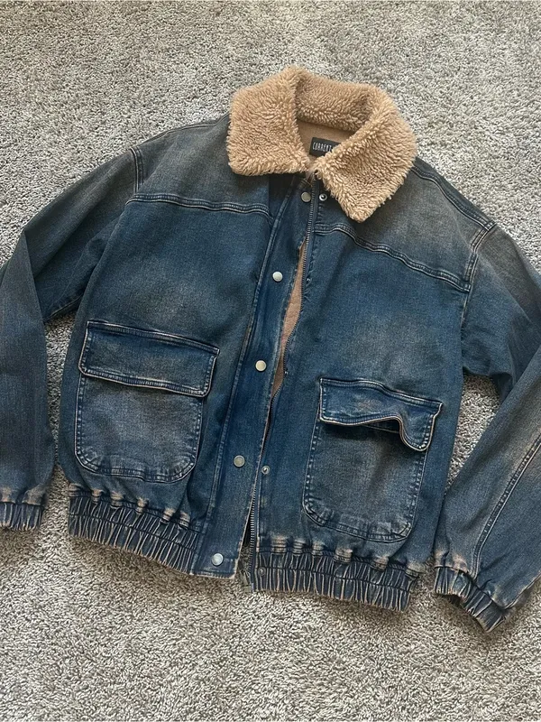 Dolls Kill Blue Denim Bomber Jacket with Tan Sherpa Collar - Image 2