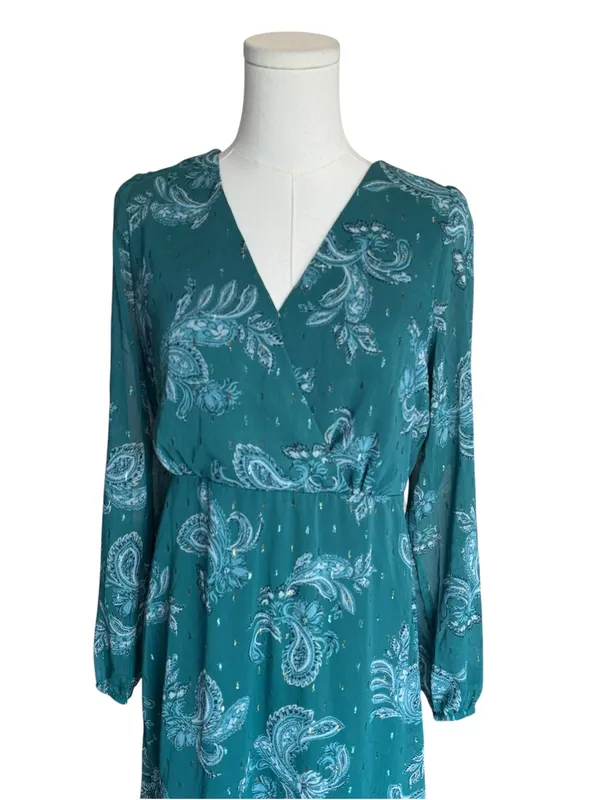 Lucky Brand - NWT Teal Paisley Chiffon Midi Dress Long Sleeve Metallic Sz M - Image 4