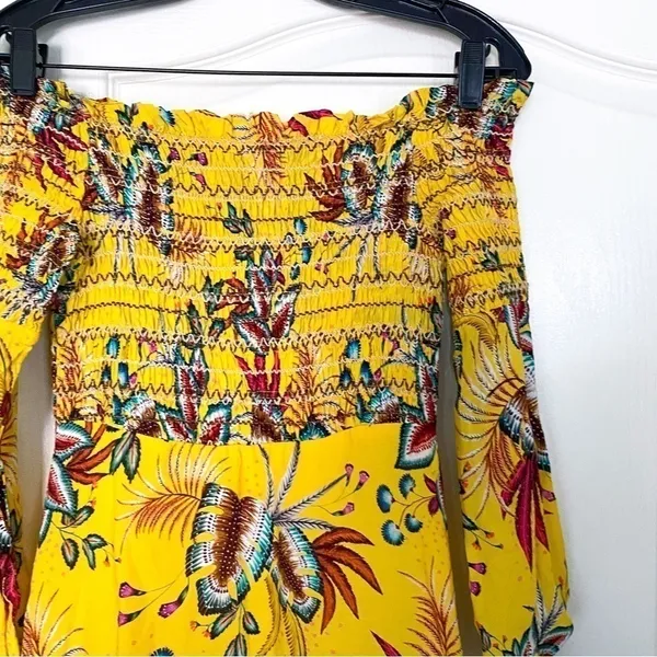 Farm‎ Rio Dress Bria Smocked Mini Floral Off-Shoulder Yellow Multi XS EUC - Image 6