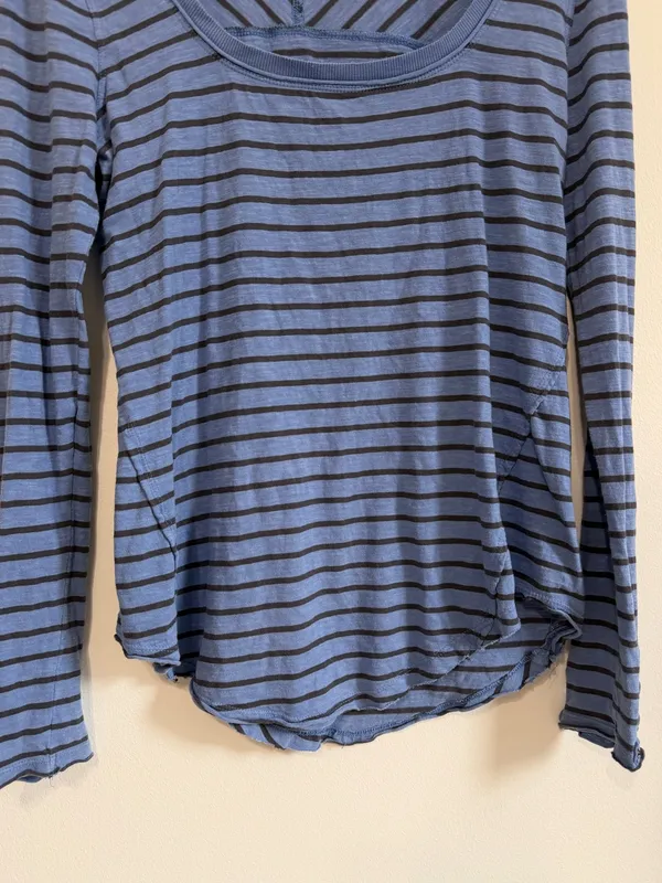 Free People Striped Blue Long Sleeve Top Size Large Shirt Boho Cotton - Image 5