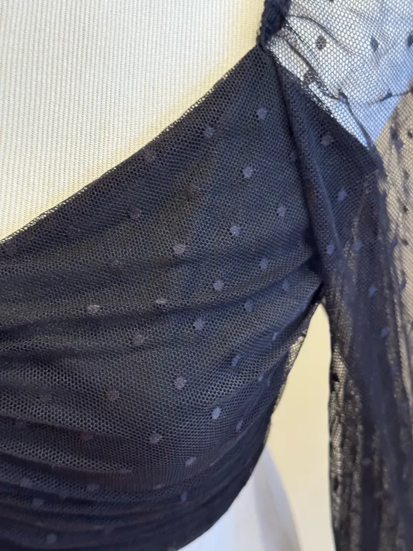 Blue Blush Black Mesh Top Crop Ruched Semi Sheer Polka Dots L - Image 5