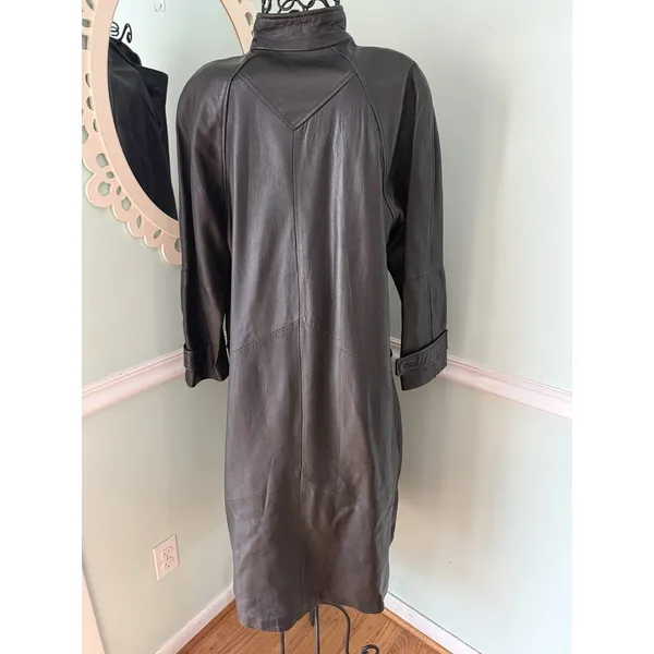 LNR S Small Black Genuine Leather‎ Long Maxi Trench Coat Women steam punk VTG - Image 7